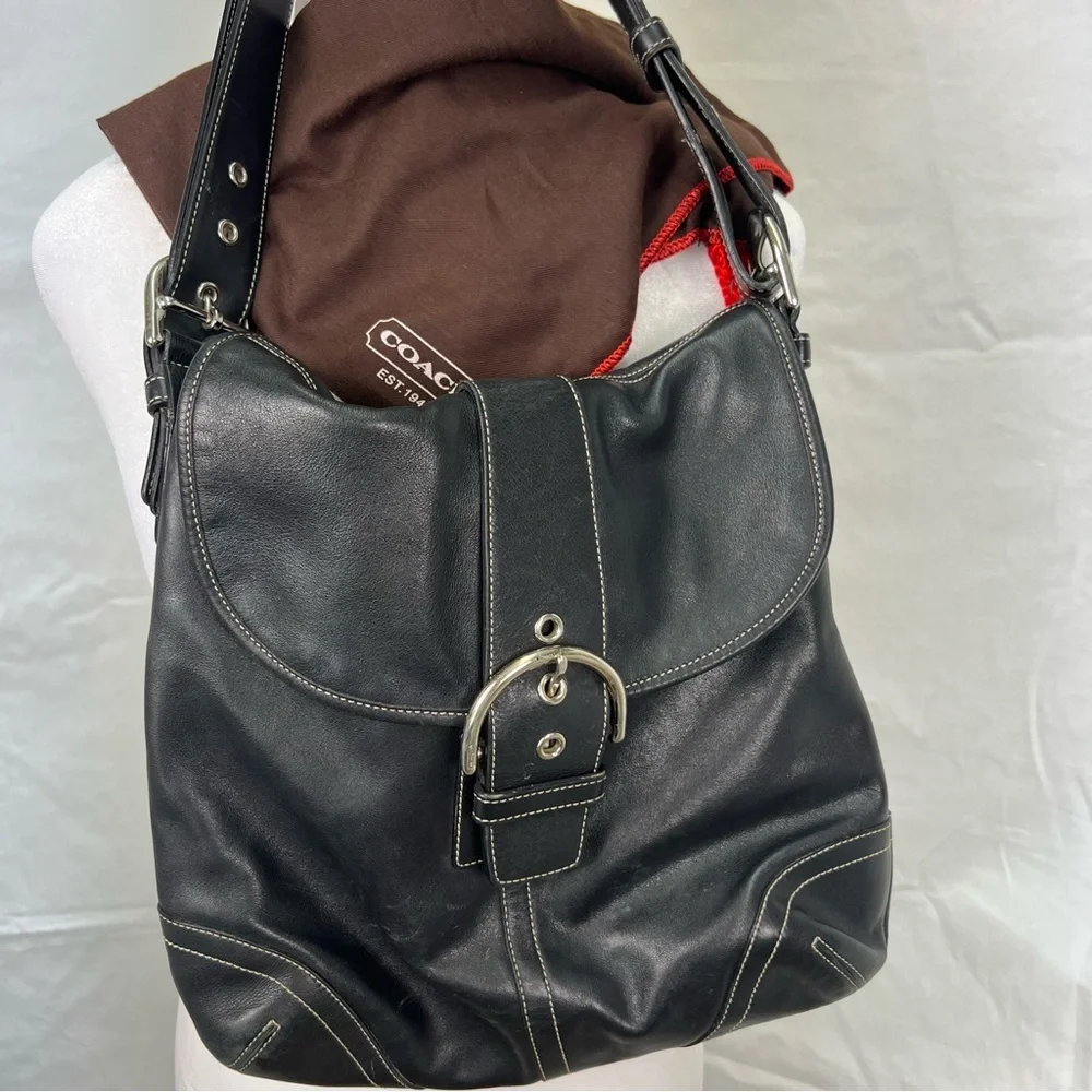 Coach black leather shoulder bag with adjustable strap and silver hardware. - Picture 11 of 11
